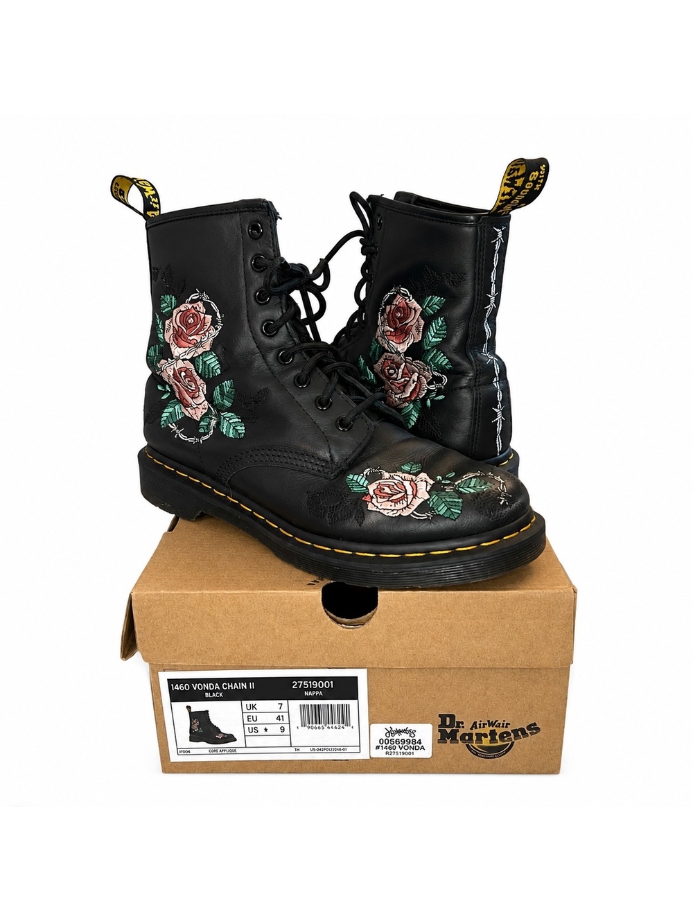 Dr. Martens 1460 Vonda Chain II Black Rose Embroidered Boots Women’s Size 9
